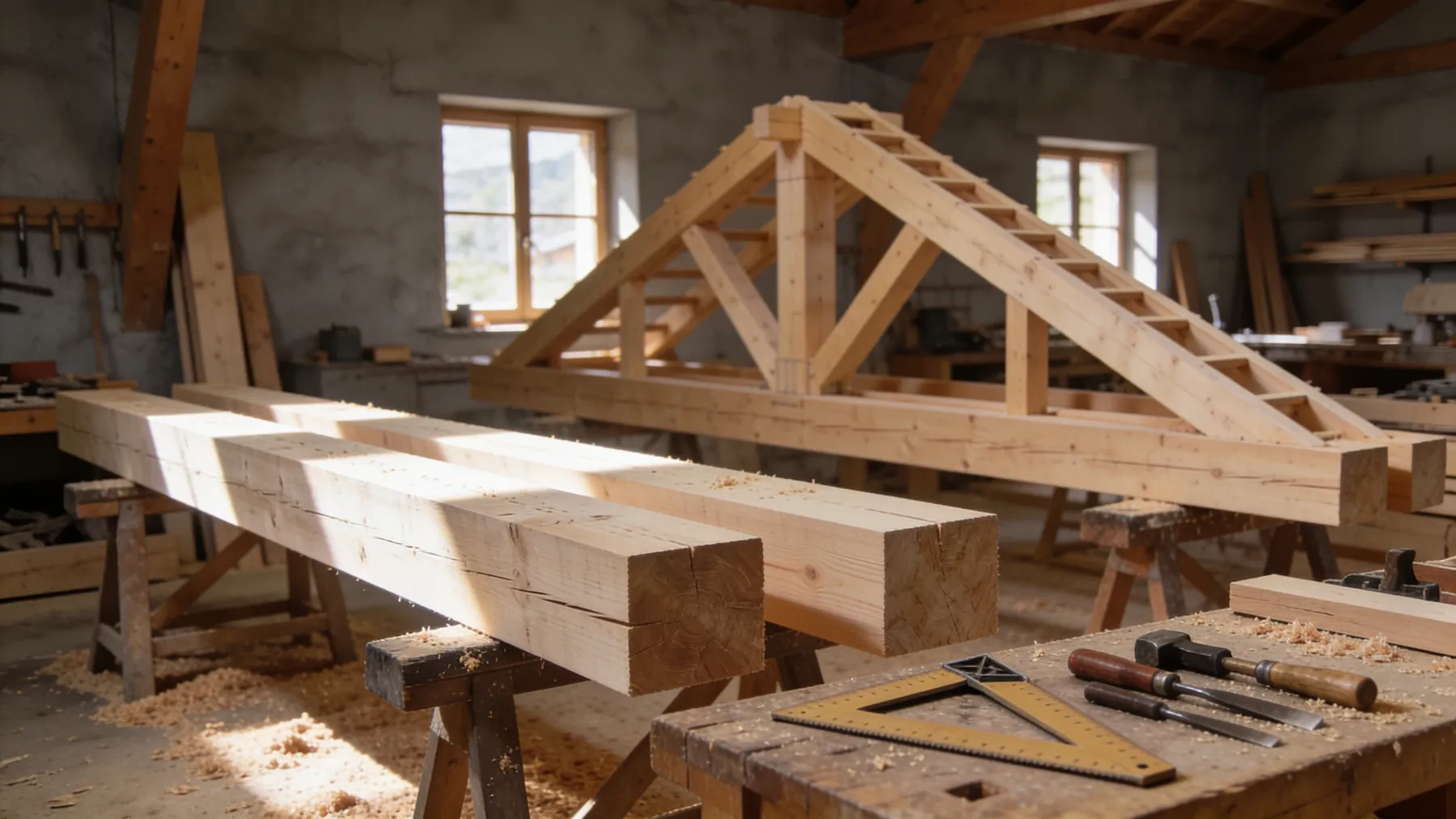Atelier de charpente, poutres sur tréteaux et outils