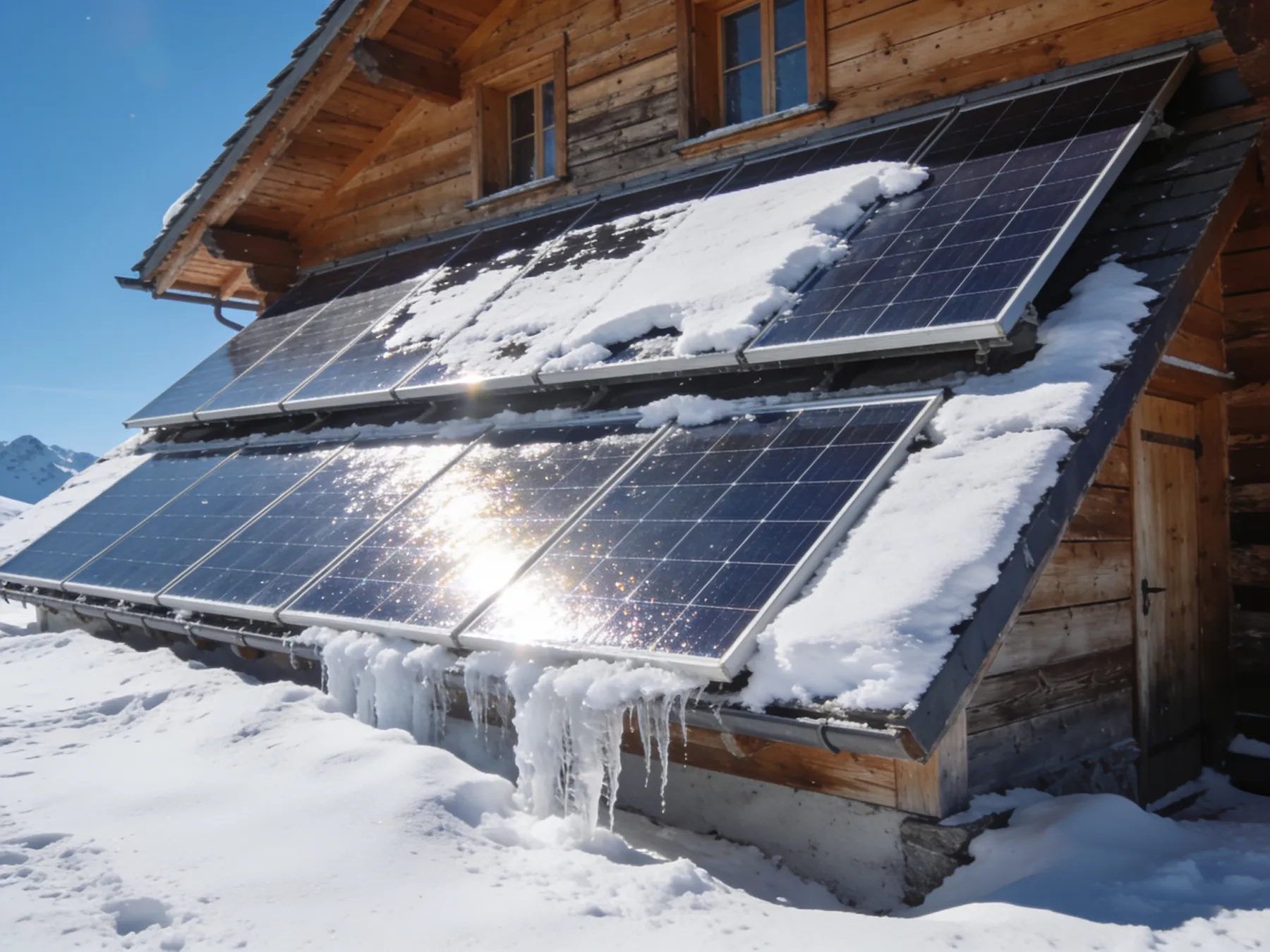 Chalet en altitude en hiver, neige glissant des panneaux solaires
