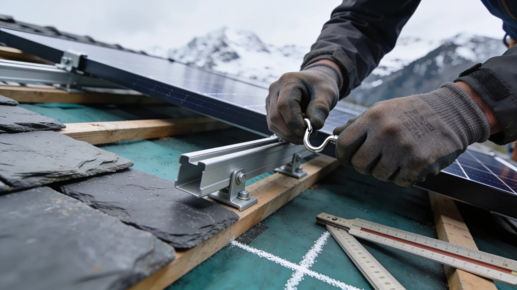 Mains gantées fixant un crochet sur un rail de montage, ardoises et chevrons apparents
