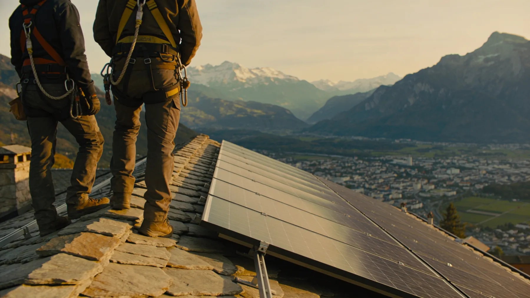 Deux couvreurs sur un faîtage d'ardoise regardant la vallée de Chambéry au soleil couchant