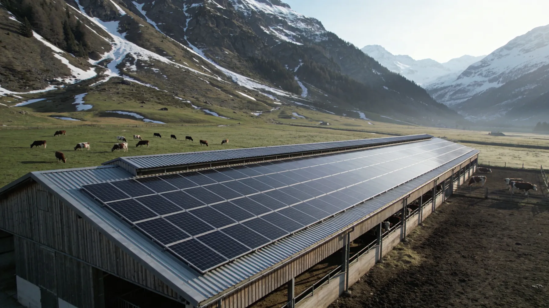 Hangar agricole en Tarentaise, toit bac acier couvert de panneaux, pâturages et sommets